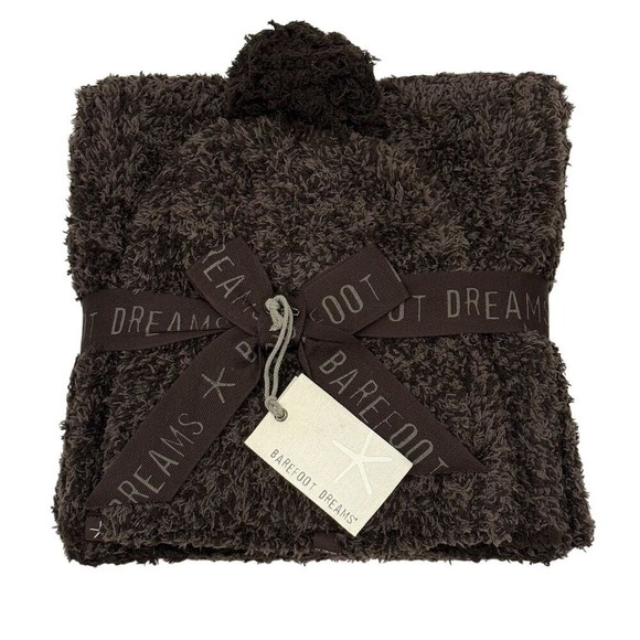 Barefoot Dreams CozyChic Pom Pom Beanie &amp; Scarf Gift Set Espresso Cocoa Soft NWT
